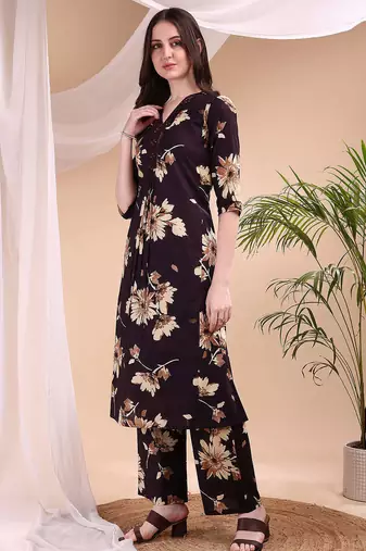 Wine cotton floral print ethnic kurta palazzo set
