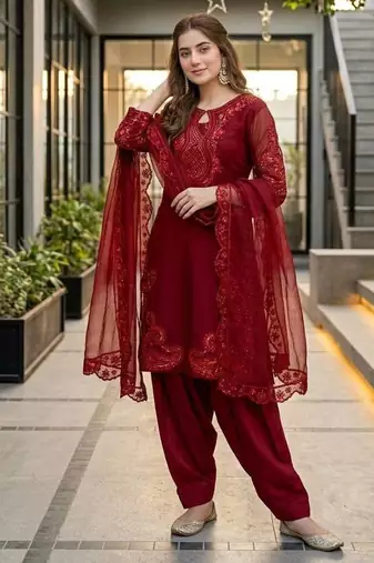 Maroon Color Sequance And Embroidery Work Silk Blend Salwar Suit