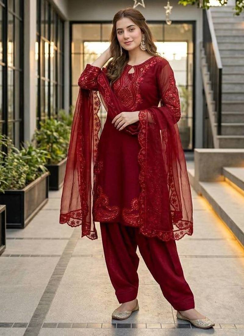 Maroon Color Sequance And Embroidery Work Silk Blend Salwar Suit