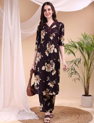 Wine cotton floral print ethnic kurta palazzo set 5