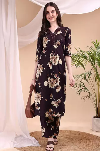 Wine cotton floral print ethnic kurta palazzo set