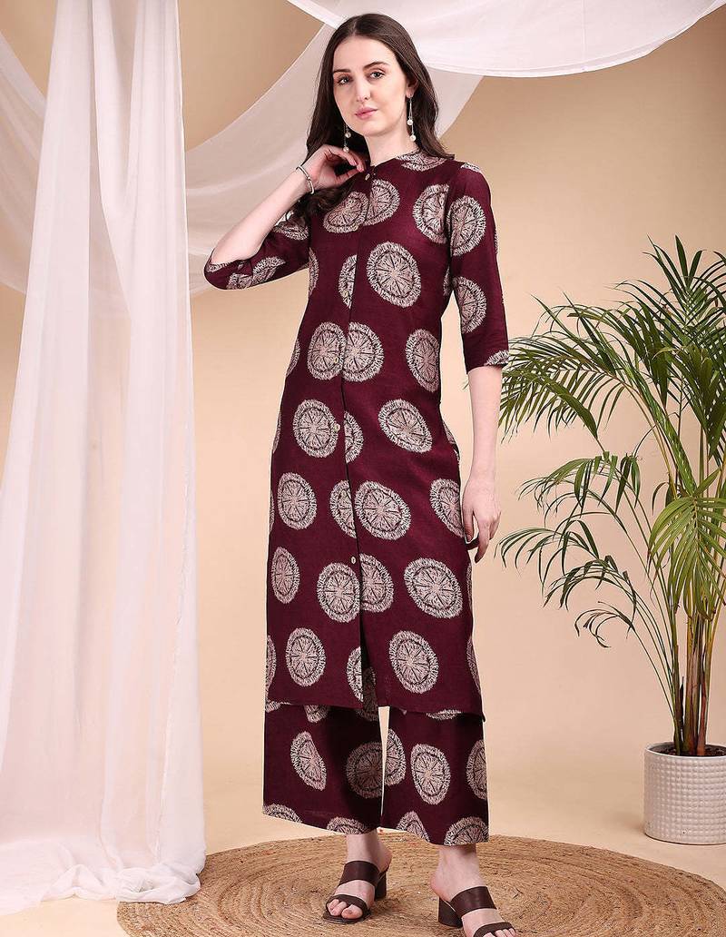 Wine silk blend geometric print ethnic kurta palazzo set
