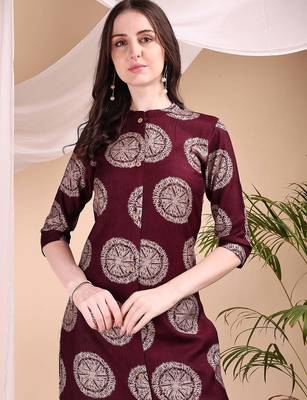 Wine silk blend geometric print ethnic kurta palazzo set 2