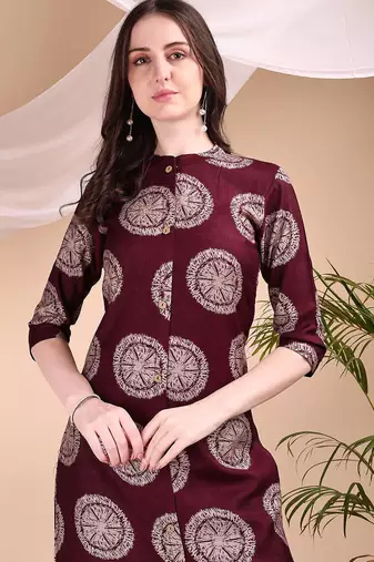 Wine silk blend geometric print ethnic kurta palazzo set