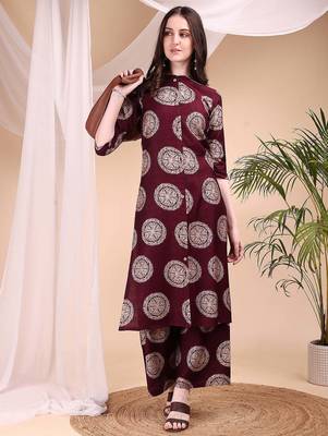 Wine silk blend geometric print ethnic kurta palazzo set 5