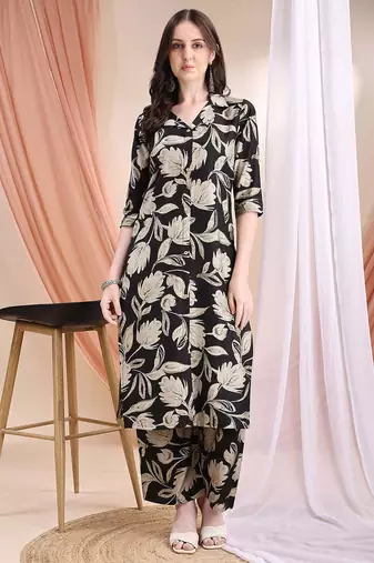 Black silk blend floral print ethnic kurta palazzo set