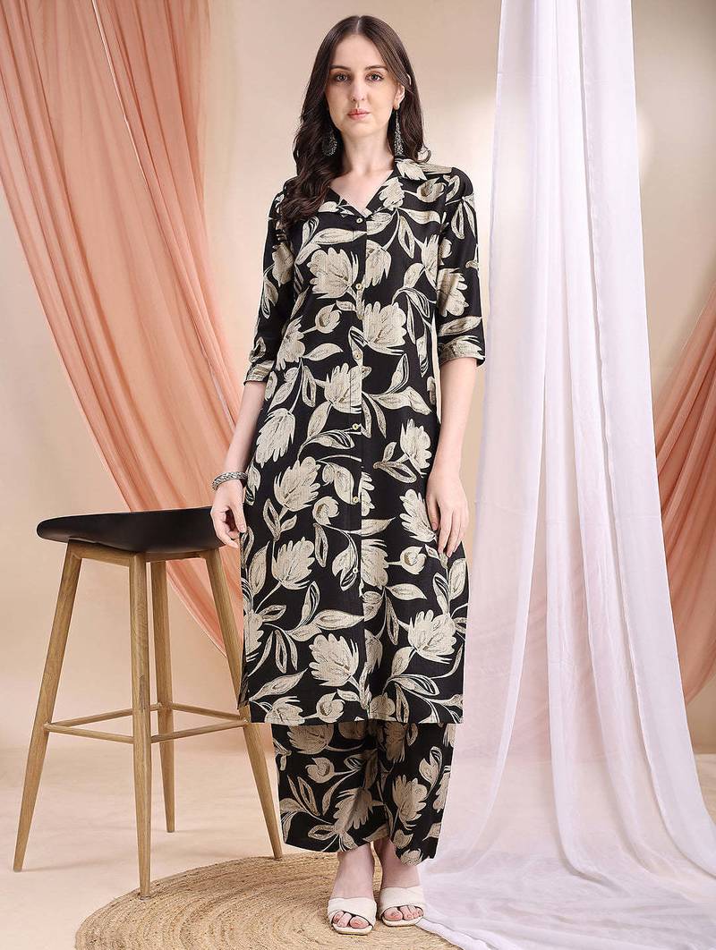Black silk blend floral print ethnic kurta palazzo set