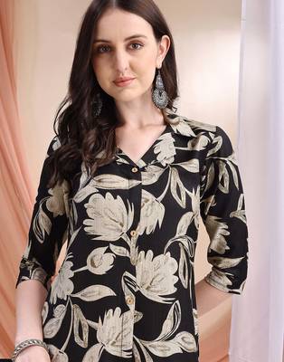 Black silk blend floral print ethnic kurta palazzo set 2