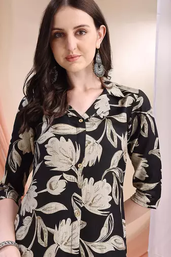 Black silk blend floral print ethnic kurta palazzo set