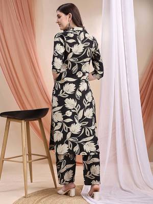 Black silk blend floral print ethnic kurta palazzo set 3