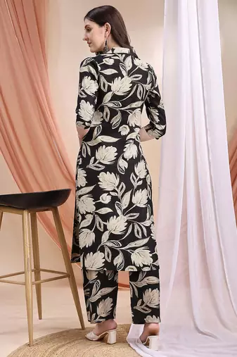 Black silk blend floral print ethnic kurta palazzo set