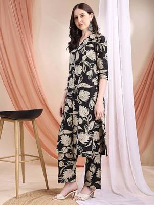 Black silk blend floral print ethnic kurta palazzo set 4