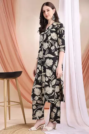 Black silk blend floral print ethnic kurta palazzo set