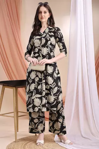 Black silk blend floral print ethnic kurta palazzo set