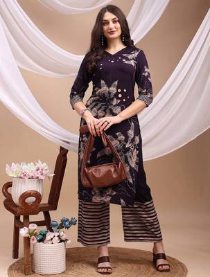 Purple rayon geometric print ethnic kurta palazzo set 1
