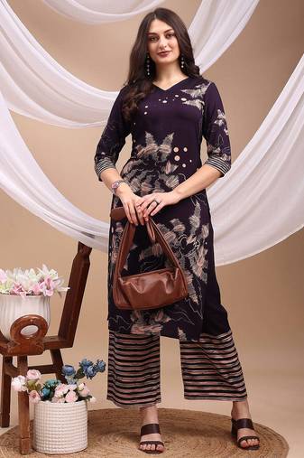 Purple rayon geometric print ethnic kurta palazzo set