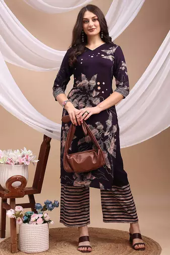 Purple rayon geometric print ethnic kurta palazzo set