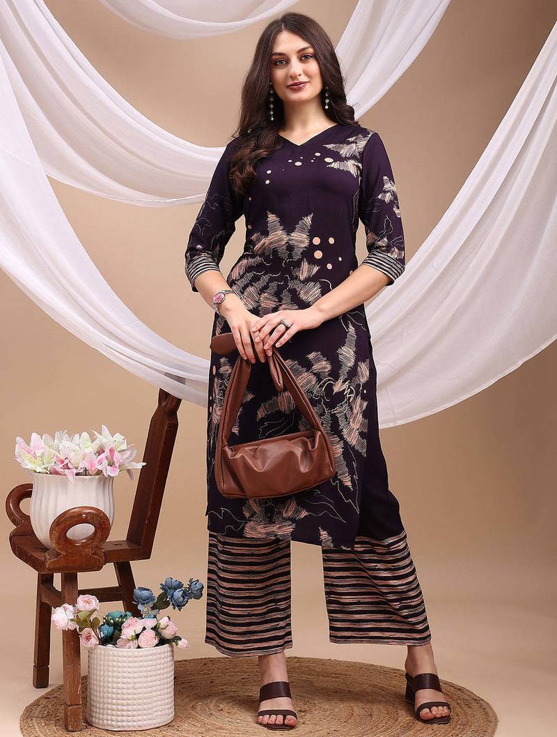 Purple rayon geometric print ethnic kurta palazzo set