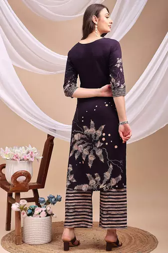Purple rayon geometric print ethnic kurta palazzo set