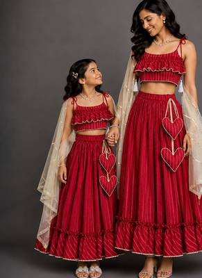 Crimson Red Embroidered Cotton Silk Lehenga Set 1