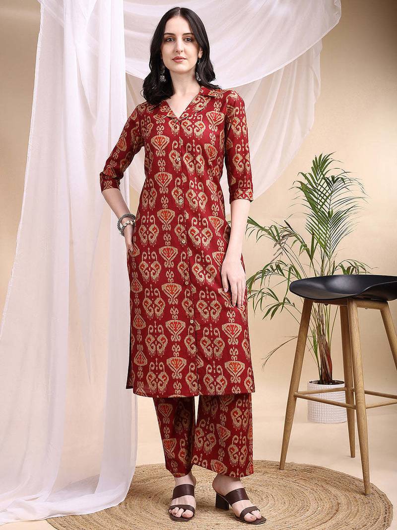 Maroon silk blend geometric print ethnic kurta palazzo set