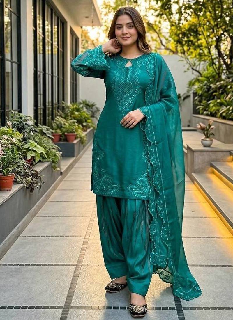 Teal Color Sequance And Embroidery Work Silk Blend Salwar Suit