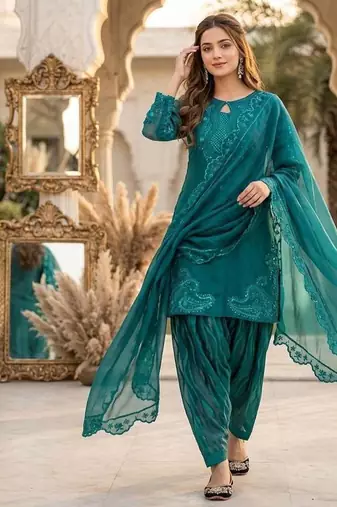 Teal Color Sequance And Embroidery Work Silk Blend Salwar Suit