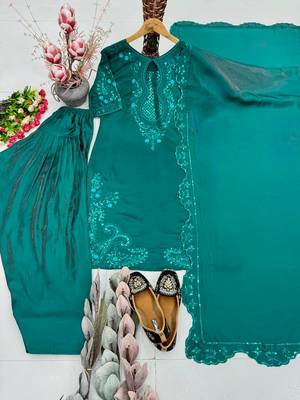 Teal Color Sequance And Embroidery Work Silk Blend Salwar Suit 3