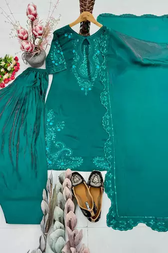Teal Color Sequance And Embroidery Work Silk Blend Salwar Suit