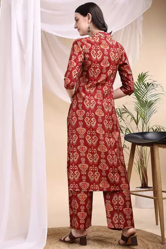 Maroon silk blend geometric print ethnic kurta palazzo set