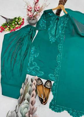 Teal Color Sequance And Embroidery Work Silk Blend Salwar Suit 4