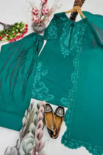 Teal Color Sequance And Embroidery Work Silk Blend Salwar Suit