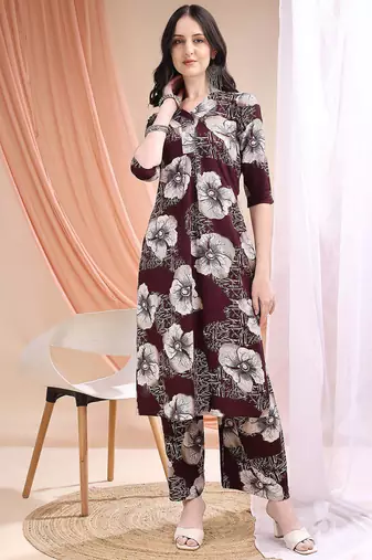 Wine rayon floral print ethnic kurta palazzo set
