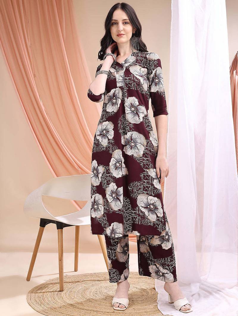 Wine rayon floral print ethnic kurta palazzo set