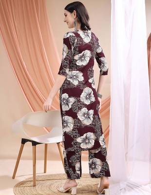 Wine rayon floral print ethnic kurta palazzo set 3