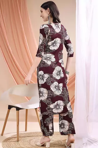 Wine rayon floral print ethnic kurta palazzo set