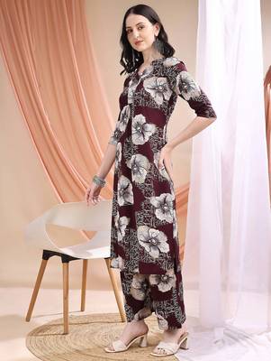 Wine rayon floral print ethnic kurta palazzo set 4