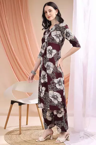 Wine rayon floral print ethnic kurta palazzo set