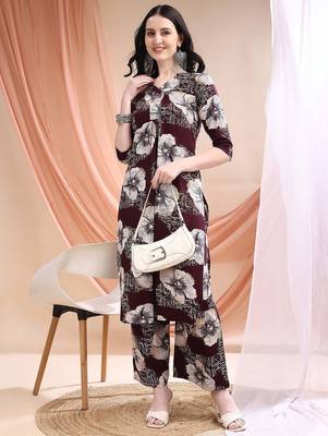 Wine rayon floral print ethnic kurta palazzo set 5