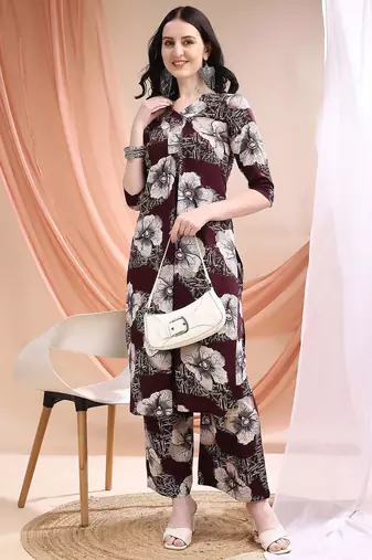 Wine rayon floral print ethnic kurta palazzo set