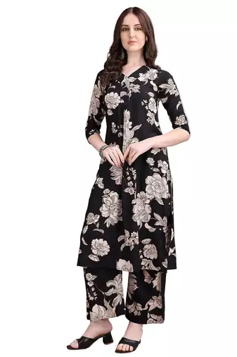 Black rayon floral print ethnic kurta palazzo set