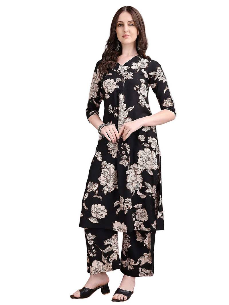 Black rayon floral print ethnic kurta palazzo set