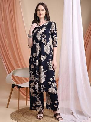 Navy-blue rayon floral print ethnic kurta palazzo set 1