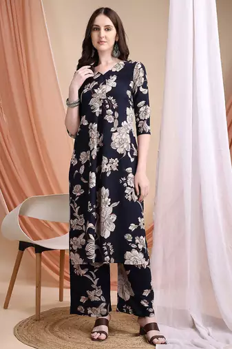 Navy-blue rayon floral print ethnic kurta palazzo set
