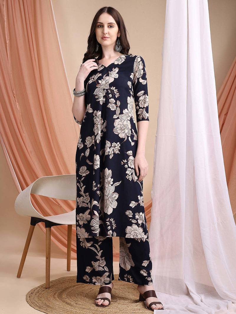 Navy-blue rayon floral print ethnic kurta palazzo set