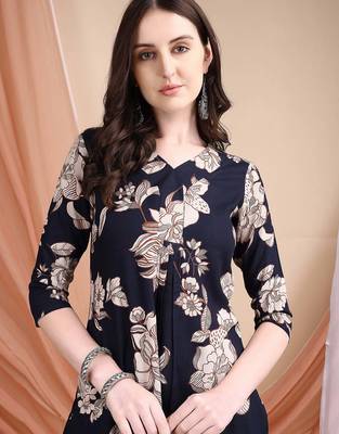 Navy-blue rayon floral print ethnic kurta palazzo set 2