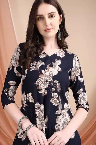 Navy-blue rayon floral print ethnic kurta palazzo set