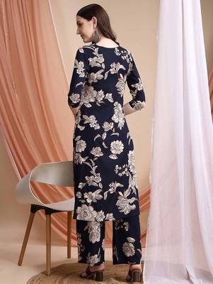 Navy-blue rayon floral print ethnic kurta palazzo set 3