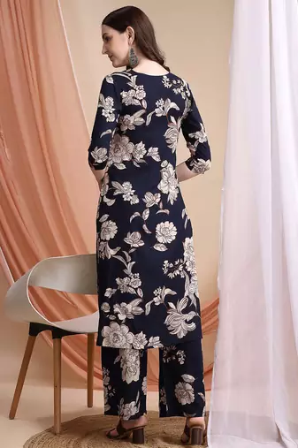 Navy-blue rayon floral print ethnic kurta palazzo set