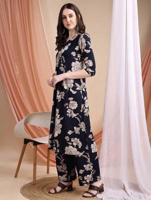 Navy-blue rayon floral print ethnic kurta palazzo set 4